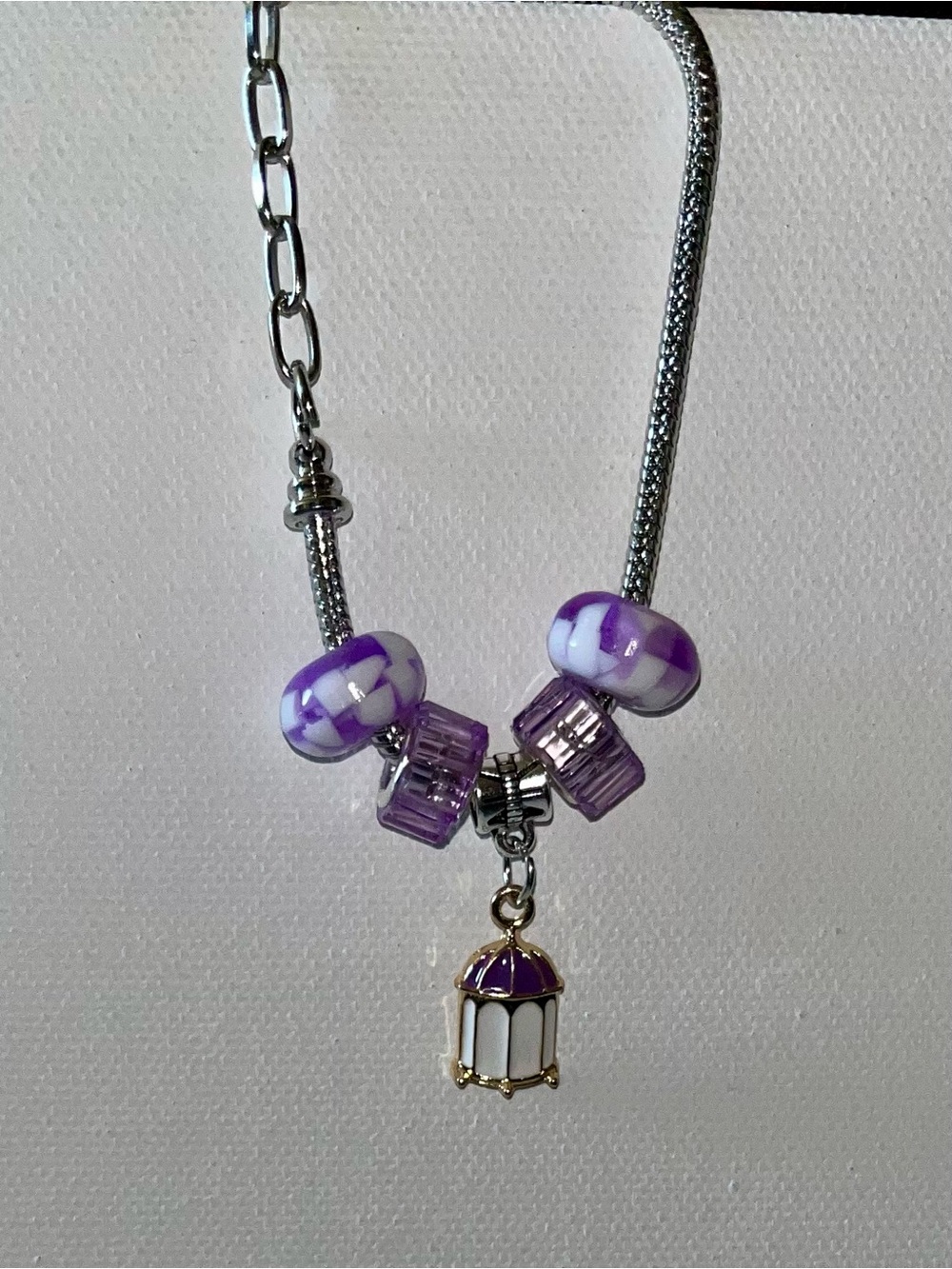 Purple & White Glass Bead Charm Silver Snake Chain Charm Bracelet
